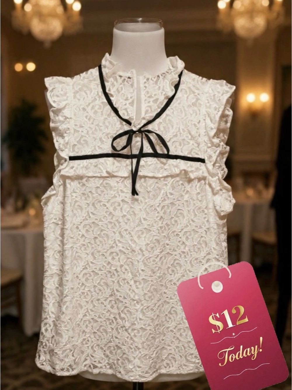 🍓New York & Co  Lace Sleeveless Blouse w/ Black Bow🍓Buy 3/$69items with 🍓